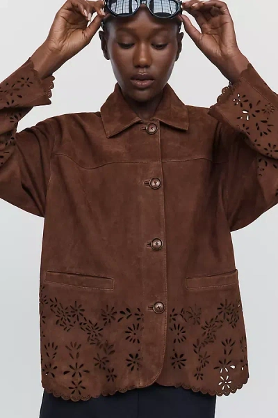 By Anthropologie Suede Cutwork Barn Jacket In Brown