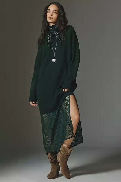 By Anthropologie Sweater Lace Twofer Midi Dress In Green