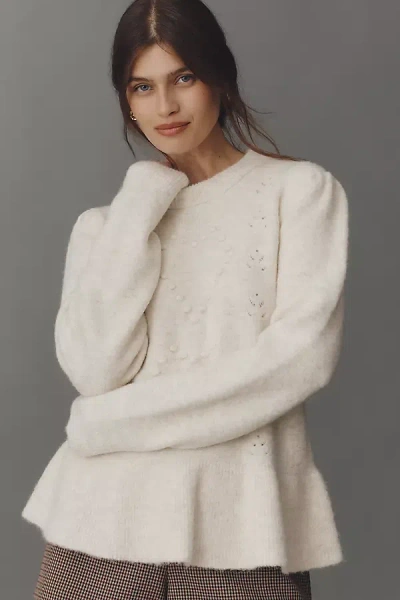 By Anthropologie Textured Ruffled Waist Sweater In White