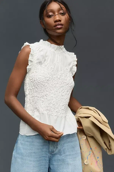 By Anthropologie Textured Smocked Tank Top In White