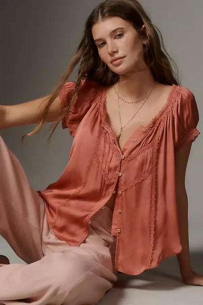 By Anthropologie The Amber Short-sleeve Silky Top In Brown