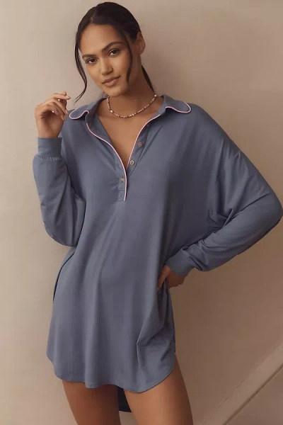 By Anthropologie The Briar Piped Pajama Shirt: Long-sleeve Edition In Blue