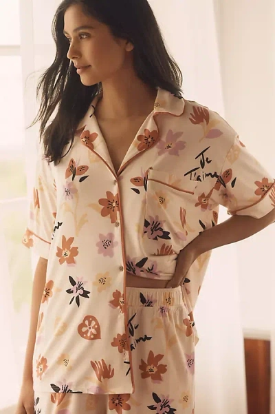 By Anthropologie The Briar Piped Pajama Shirt: Short-sleeve Edition In Sand