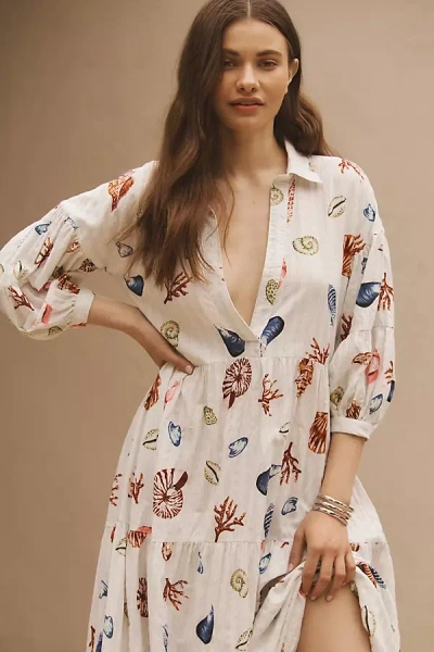 By Anthropologie The Carolita Printed Tiered Shirt Dress In White