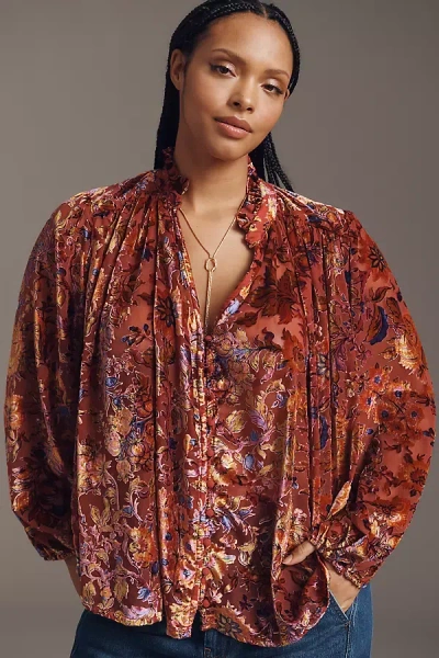By Anthropologie The Estela Burnout Sheer Printed Blouse In Multi