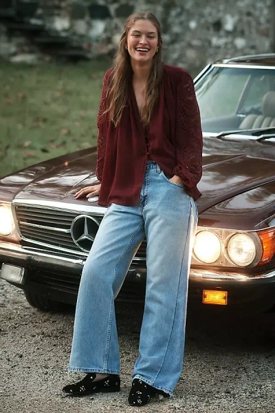 By Anthropologie The Estela Sheer Embroidered Blouse In Burgundy