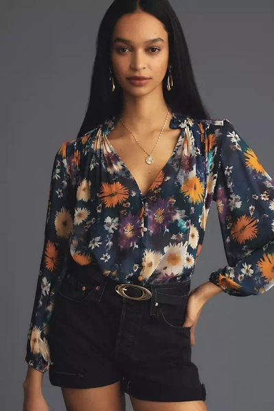 By Anthropologie The Estela Sheer Printed Blouse In Blue