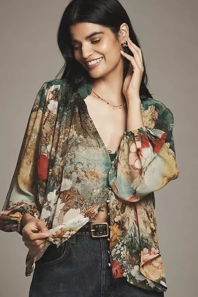 By Anthropologie The Estela Sheer Printed Blouse In Green