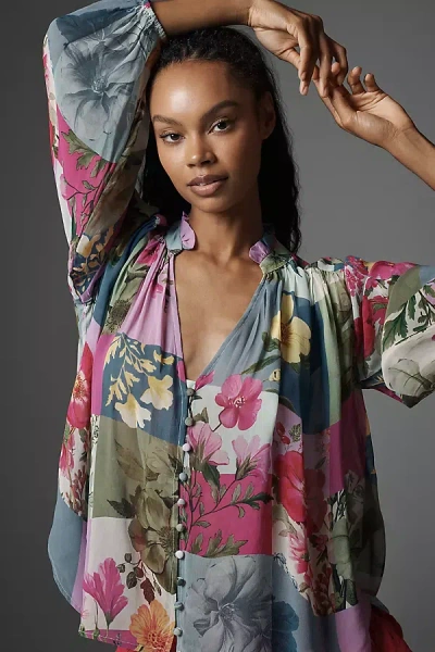 By Anthropologie The Estela Sheer Printed Blouse In Pink