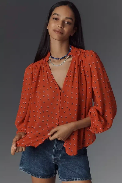 By Anthropologie The Estela Sheer Printed Blouse In Red