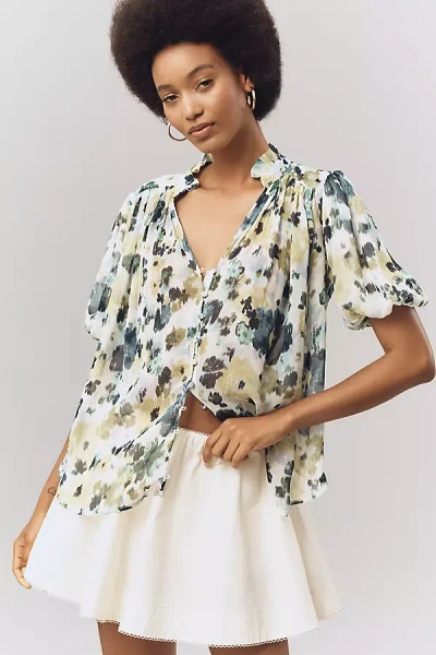 By Anthropologie The Estela Sheer Printed Blouse: Short-sleeve Edition