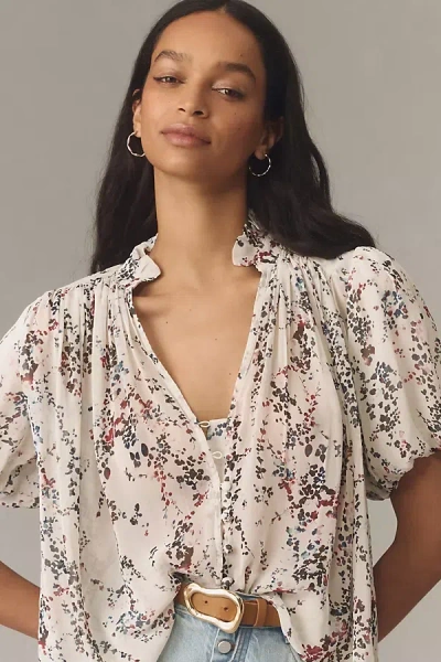By Anthropologie The Estela Sheer Printed Blouse: Short-sleeve Edition In Multicolor