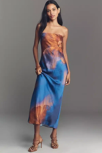 By Anthropologie The Fleur Strapless Satin Maxi Slip Dress In Blue