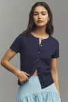 By Anthropologie The Juliet Cotton Cashmere Crew-neck Cardigan: Short-sleeve Edition In Blue