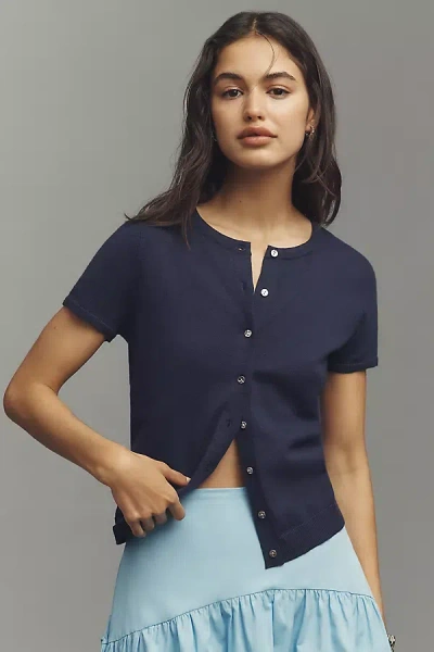 By Anthropologie The Juliet Cotton Cashmere Crew-neck Cardigan: Short-sleeve Edition In Blue