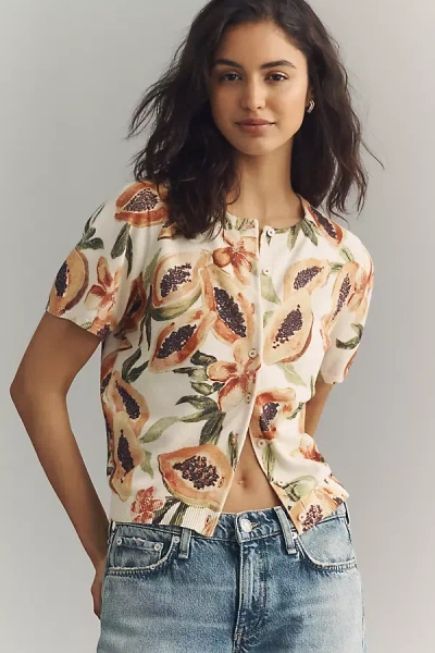 By Anthropologie The Juliet Cotton Cashmere Short-sleeve Crew-neck Cardigan Sweater In Neutral