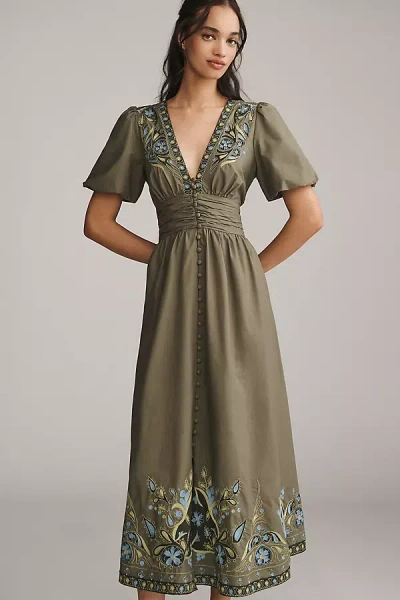 By Anthropologie The Katerina Embellished Button-front Dress In Green