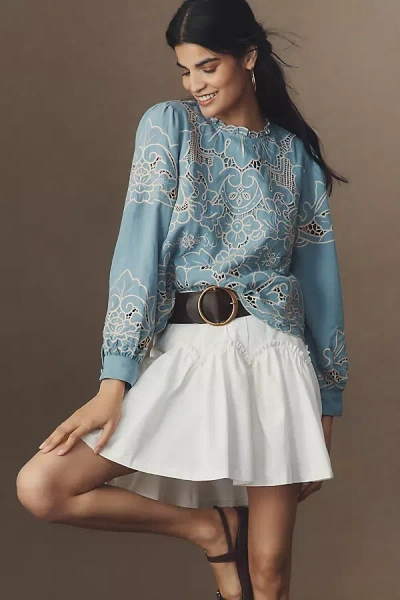 By Anthropologie The Lainie Long-sleeve Lace Cutwork Blouse In Blue