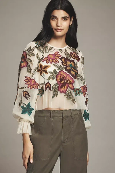 By Anthropologie The Layla Long-sleeve Appliqué Mesh Blouse In Multi