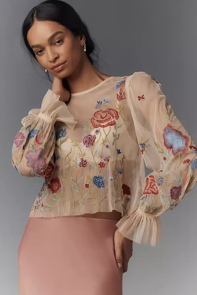 By Anthropologie The Layla Long-sleeve Appliqué Mesh Blouse In White