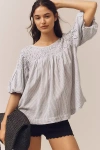 By Anthropologie The Liza Puff-sleeve Smocked Linen Top In Blue