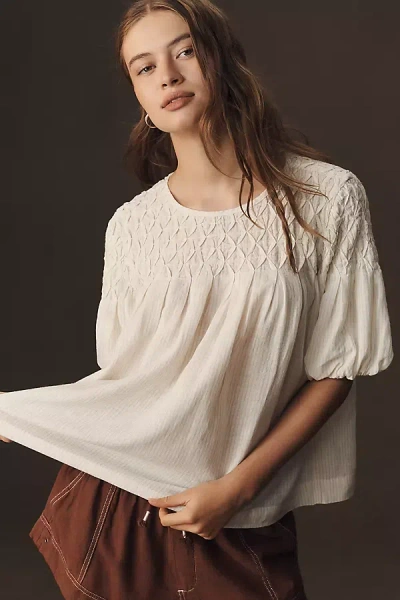 By Anthropologie The Liza Puff-sleeve Smocked Linen Top  In White