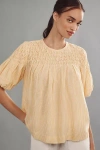 By Anthropologie The Liza Puff-sleeve Smocked Linen Top  In Yellow