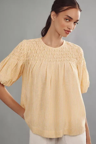 By Anthropologie The Liza Puff-sleeve Smocked Linen Top  In Yellow
