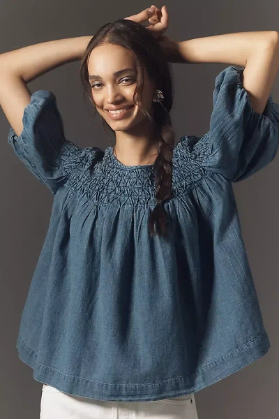 By Anthropologie The Liza Smocked Puff-sleeve Denim Blouse In Blue