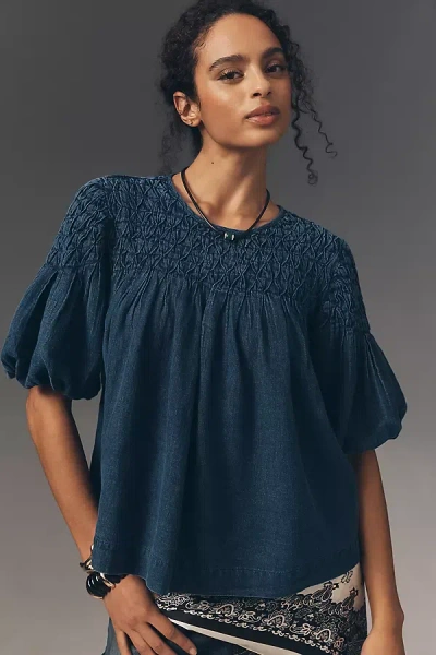 By Anthropologie The Liza Smocked Puff-sleeve Denim Blouse In Blue