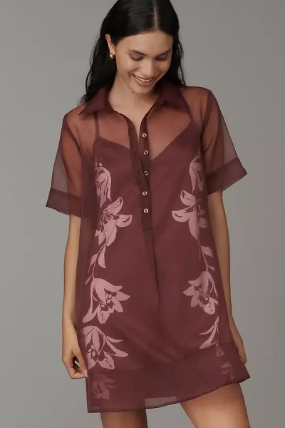 By Anthropologie The Pollie Short-sleeve Sheer Swing Tunic Mini Dress In Brown