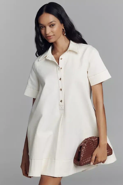 By Anthropologie The Pollie Short-sleeve Swing Tunic Mini Dress: Denim Edition In Beige