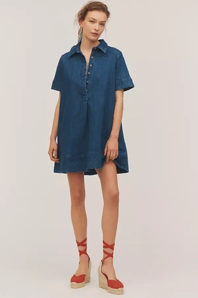 By Anthropologie The Pollie Short-sleeve Swing Tunic Mini Dress: Denim Edition In Blue