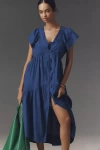 By Anthropologie The Reneé Flutter-sleeve Linen Button-front Midi Dress In Blue