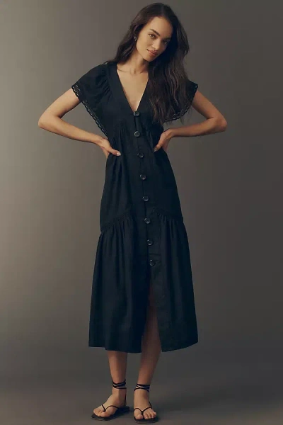 By Anthropologie The Reneé Flutter-sleeve Linen Button-front Midi Dress In Blue