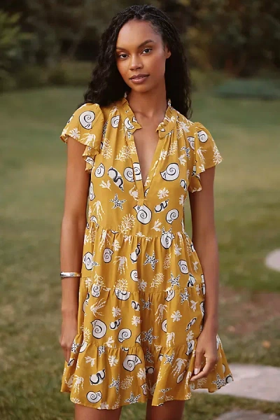By Anthropologie The Shelbie Tiered Mini Dress In Gold