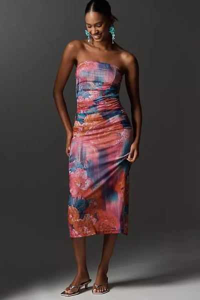 By Anthropologie The Soleil Slim Strapless Ruched Mesh Dress In Pink