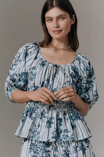 By Anthropologie The Somerset Puff Sleeve Blouse In Blue