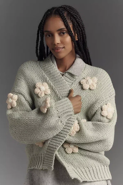 By Anthropologie The Susannah 3d Flower Cardigan Sweater In Green