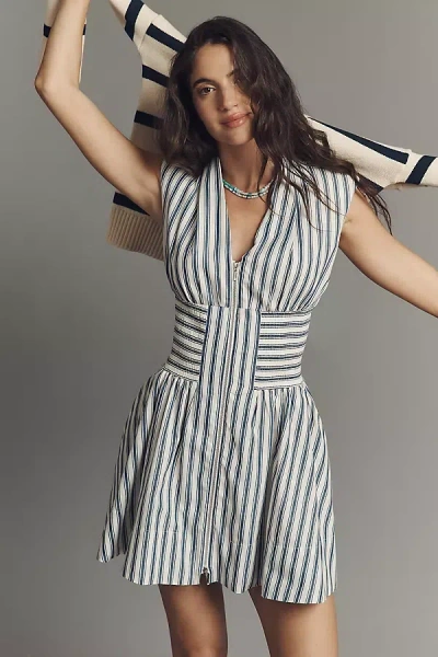 By Anthropologie The Tommie Cap-sleeve Smocked Front-zip Mini Shirt Dress: Stripe Edition