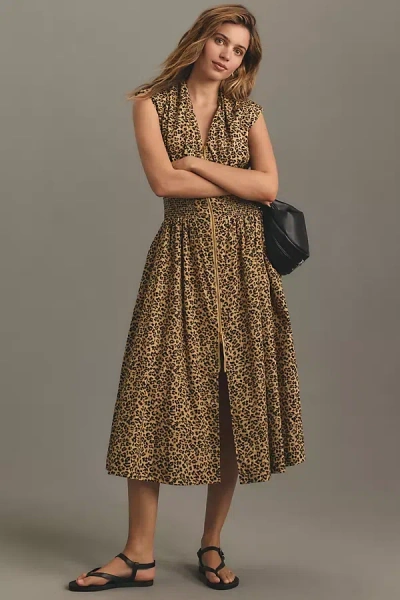 By Anthropologie The Tommie Cap-sleeve Smocked Front-zip Midi Shirt Dress In Brown