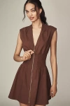 By Anthropologie The Tommie Cap-sleeve Smocked Front-zip Shirt Dress: Linen Mini Edition In Brown