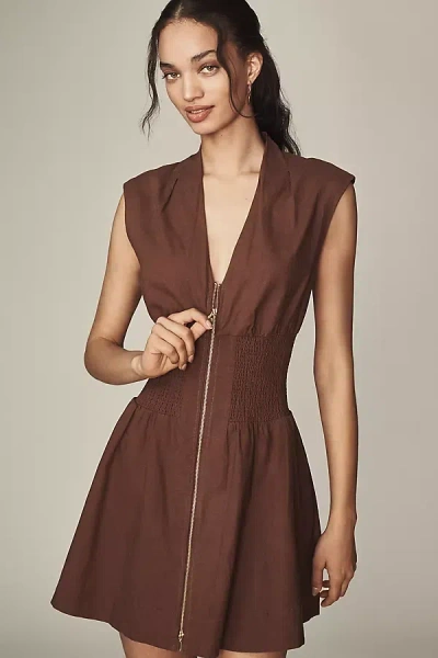 By Anthropologie The Tommie Cap-sleeve Smocked Front-zip Shirt Dress: Linen Mini Edition In Brown