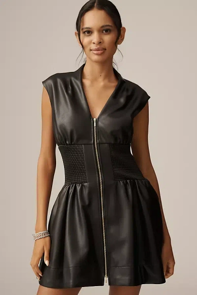 By Anthropologie The Tommie Faux-leather Front-zip Mini Shirt Dress In Black