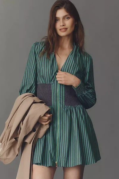 By Anthropologie The Tommie Smocked Front-zip Shirt Dress: Long-sleeve Mini Edition In Green