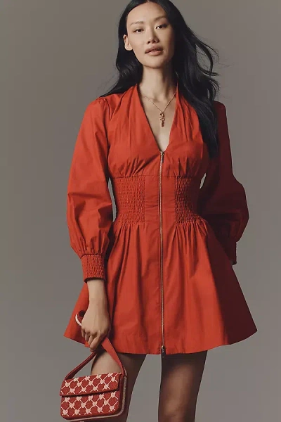 By Anthropologie The Tommie Smocked Front-zip Shirt Dress: Long-sleeve Mini Edition In Red