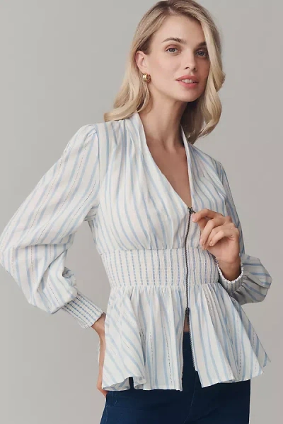 By Anthropologie The Tommie Smocked Front-zip Shirt Dress: Long-sleeve Mini Edition Top In White