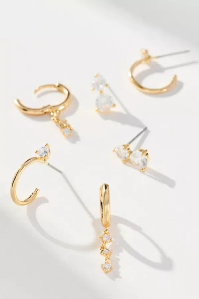 By Anthropologie Thin Crystal Drop Earrings, Set Of 3 In Gold