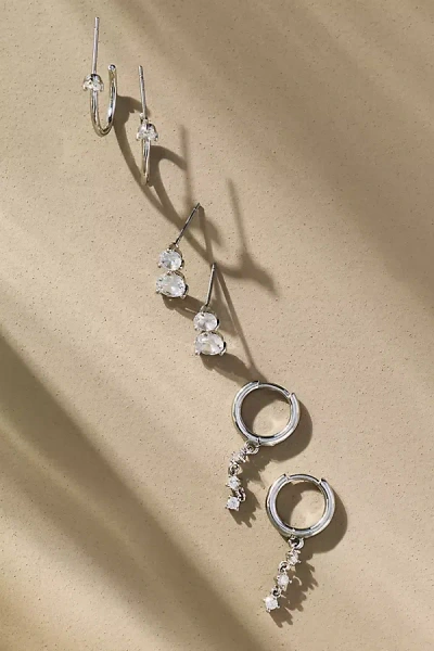By Anthropologie Thin Crystal Drop Earrings, Set Of 3 In Silver