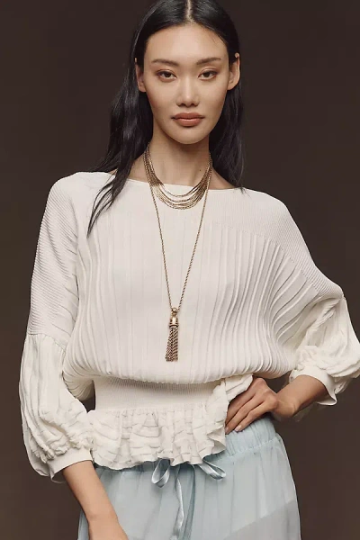 By Anthropologie Three-quarter Sleeve Waisted Sweater In White